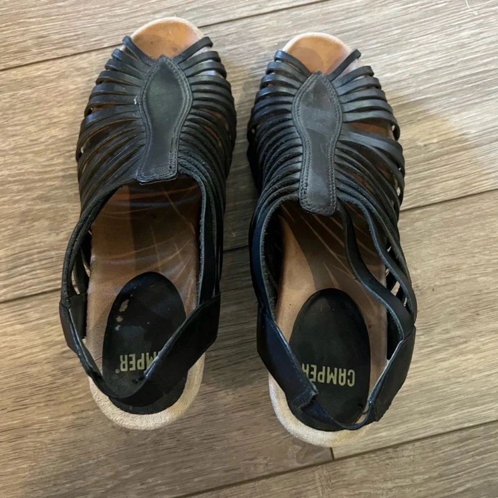 Camper Rachel Leather Wedge Sandals Black EU 38
